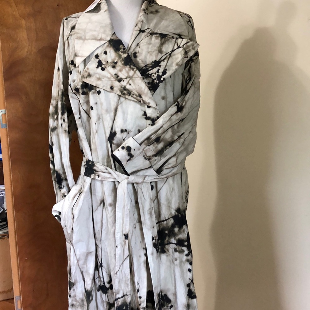 Shadow Floral Print Crinkle Cotton Belted Trench Coat Lafayette XXL